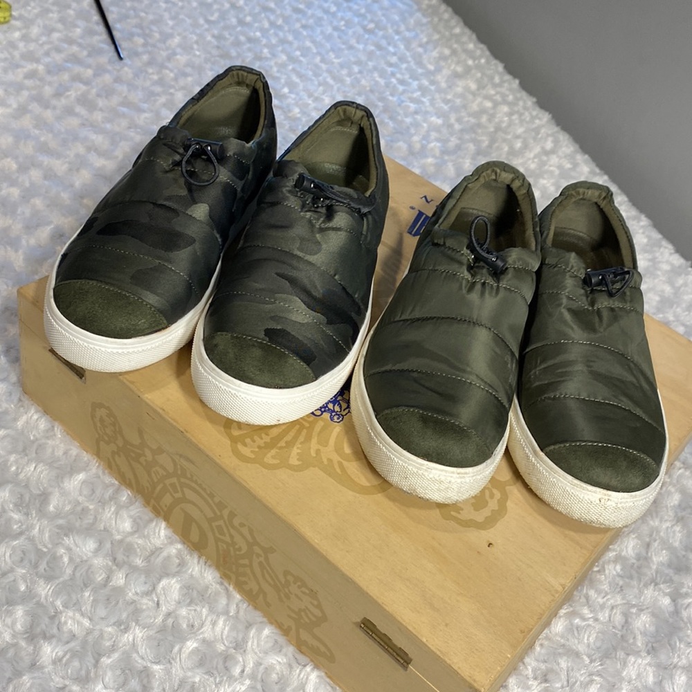 2 PAIRS ALLOT canvas sneakers SZ 7.5 slip on olive green camo comfort ADJUSTABLE